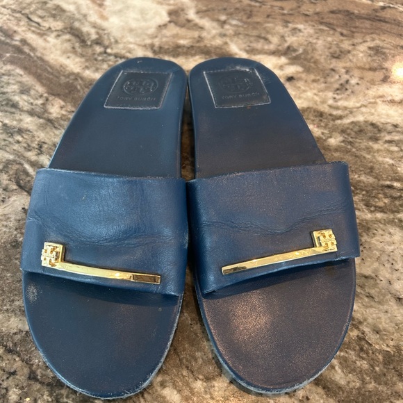 Tory Burch Shoes - Tory Burch Navy Blue Slippers with Gold Accent (have wear, see photos) 7.5